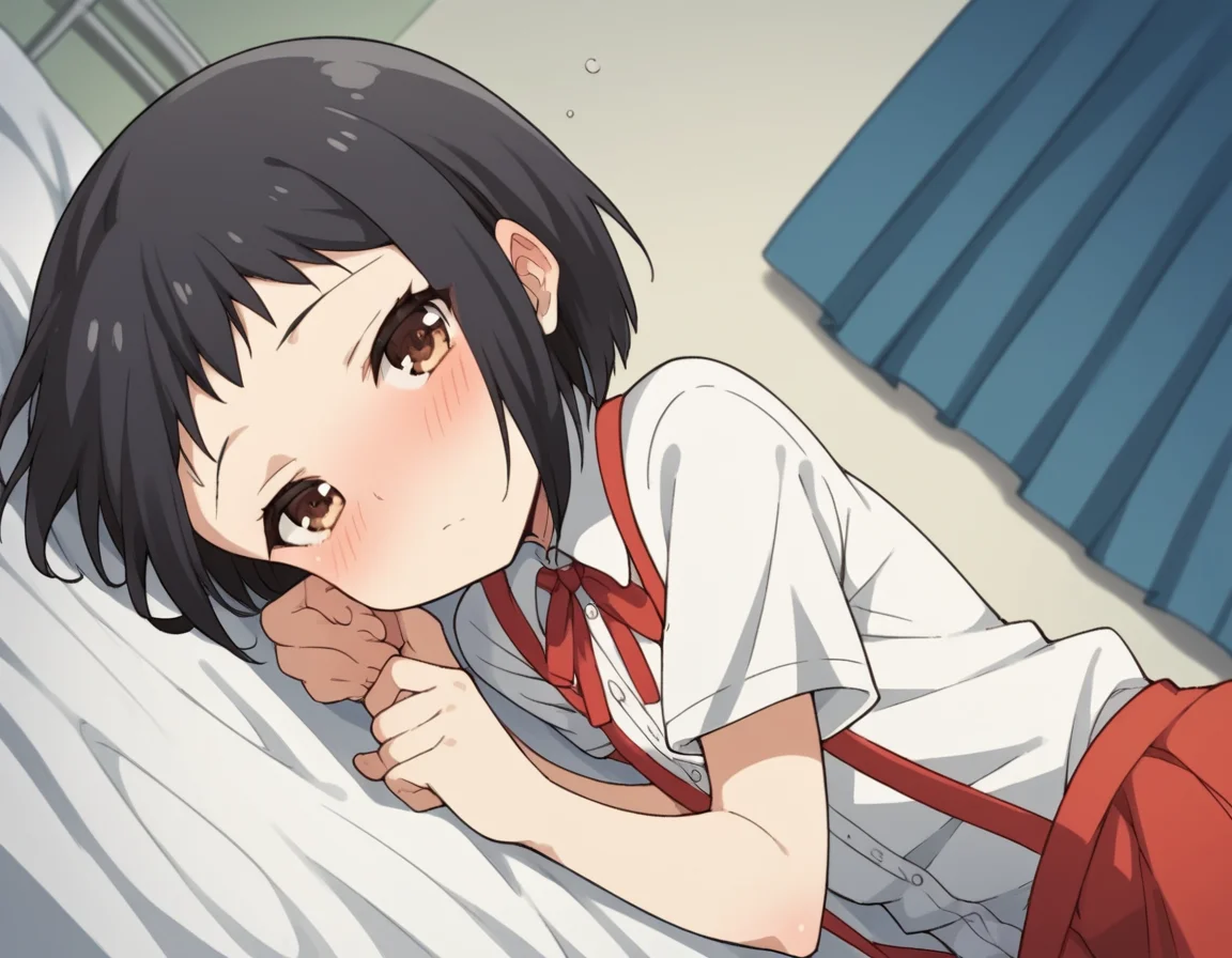 score_9, score_8_up, score_7_up, source_anime, <lora:hanako-hasegawa-ova-ponyxl-lora-nochekaiser:1>, hanako hasegawa, short hair, black hair, brown eyes,, skirt, shirt, ribbon, school uniform, white shirt, red ribbon, suspenders,, indoors, bed, bed room, on side, blush, drunk, looking at viewer, solo,, cowboy shot, dutch angle