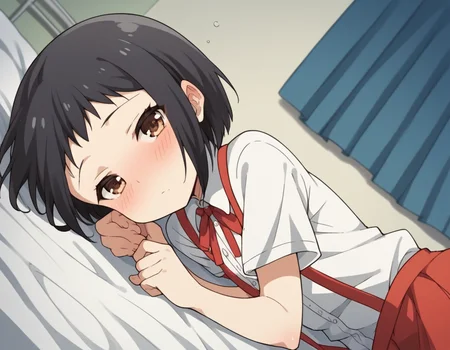 score_9, score_8_up, score_7_up, source_anime, <lora:hanako-hasegawa-ova-ponyxl-lora-nochekaiser:1>, hanako hasegawa, short hair, black hair, brown eyes,, skirt, shirt, ribbon, school uniform, white shirt, red ribbon, suspenders,, indoors, bed, bed room, on side, blush, drunk, looking at viewer, solo,, cowboy shot, dutch angle