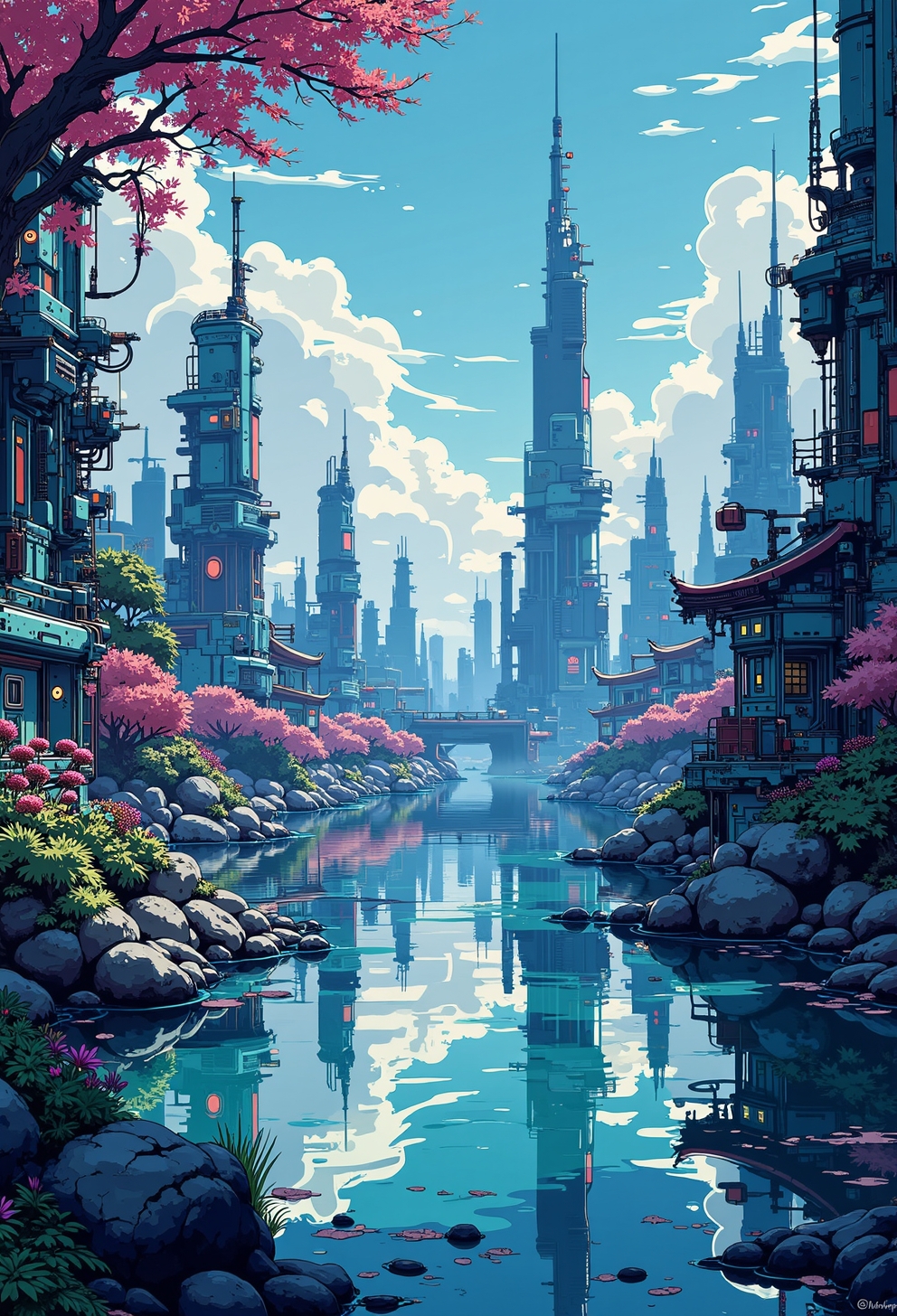 <lora:ck-nc-pastel-cyberpunk:1.0>, A digital artwork in the style of cknc, A futuristic city with a serene tranquil lake in the background.