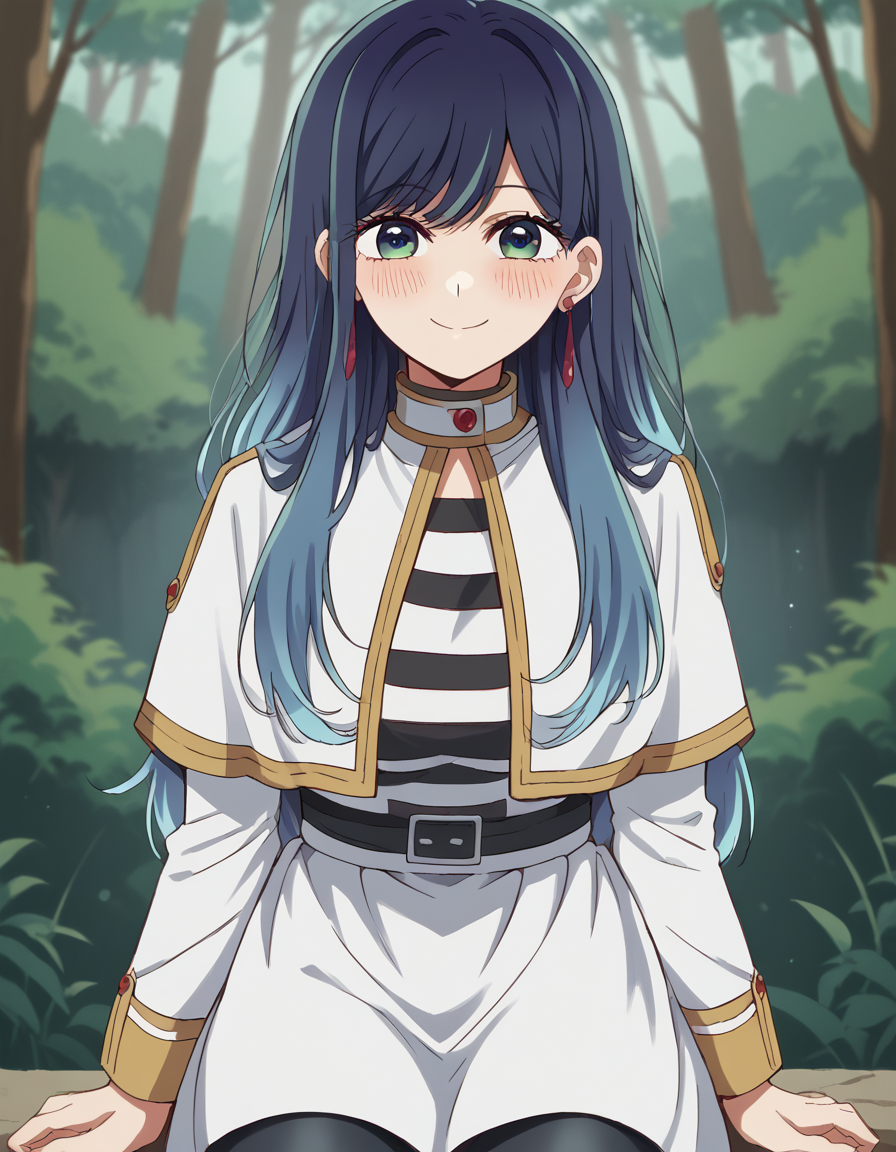 score_9, score_8_up, score_7_up, source_anime, <lora:akane-kurokawa-s2-ponyxl-lora-nochekaiser:1>, akane kurokawa, long hair, bangs, blue eyes, large breasts, black hair, blue hair, multicolored hair, gradient hair,, <lora:frieren-cosplay-ponyxl-lora-nochekaiser:1>, frieren cosplay, frieren (cosplay), shirt, long sleeves, jewelry, pantyhose, earrings, striped, black pantyhose, capelet, striped shirt, skirt, white skirt,, forest, sitting, smile, blush, cowboy shot, looking at viewer