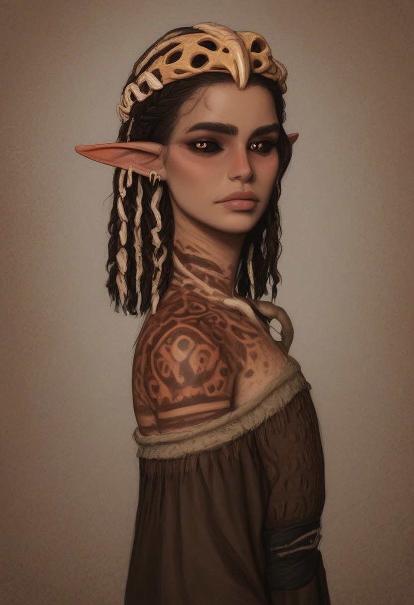 solo, bosmer, feminine, strong yet graceful, regal yet wild, bone-carved crown, elongated pointed ears, asymmetrical ear shape, snake pupils, dark bronze sclera, medieval setting, tribal leader, layered ceremonial robes, embroidered animal hides, intricate bone jewelry, deep tribal markings, eyes filled with wisdom, long wild braids wrapped in sinew, standing at a wooden throne, high wooden walls adorned with glowing runes, flickering firelight illuminating her face, tribal banners swaying in the wind, hyperrealistic details, cinematic storytelling