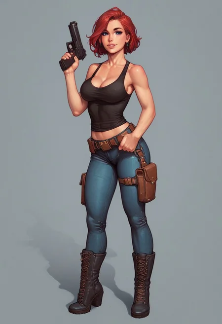 score_9, score_8_up, score_7_up, score_6_up, score_5_up, score_4_up, 1girl, skinny, looking at viewer,
dynamic angle, score_9, score_8_up, score_7_up, score_6_up, rating_explicit, 1girl, cargo pants, beautiful Wendy from red hair, twin plaits, studio lighting, detailed realistic photo, blue eyes, medium breasts. cleavage,
sexy adult woman, 25yo, black tank top, knee boots, thick black belt, belt pouch,
(((full-clothed))), ((long big pistol in hands, handgun in hands))
BREAK
strange world background score_9, score_8_up, score_7_up, score_6_up, source_cartoon, rating_explicit, Expressiveh, (((((full body))))), dynamic pose