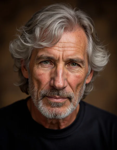 <lora:rogerwaters:1>The image is a high-resolution photograph of an older man with a distinguished appearance. He has long, wavy, silver-white hair that frames his face and falls slightly over his forehead. His skin is weathered, with a noticeable network of wrinkles and age spots, particularly around his eyes and forehead. His facial features are prominent, with a strong jawline and a slightly pointed chin. He has a full, white beard and mustache, which adds to his rugged and weathered appearance. His eyes are light blue, and he has a gentle, contemplative expression on his face.
He is wearing a plain, dark-colored shirt, which contrasts with his light-colored hair and skin, making him the focal point of the image. The background is blurred, with soft, neutral tones, likely brown or beige, which keeps the viewer's attention on the man's face and upper torso. The lighting is soft and even, highlighting the texture and depth of his skin and hair, and creating a warm and inviting atmosphere. The overall tone of the photograph is somber and contemplative, capturing a moment of quiet introspection.