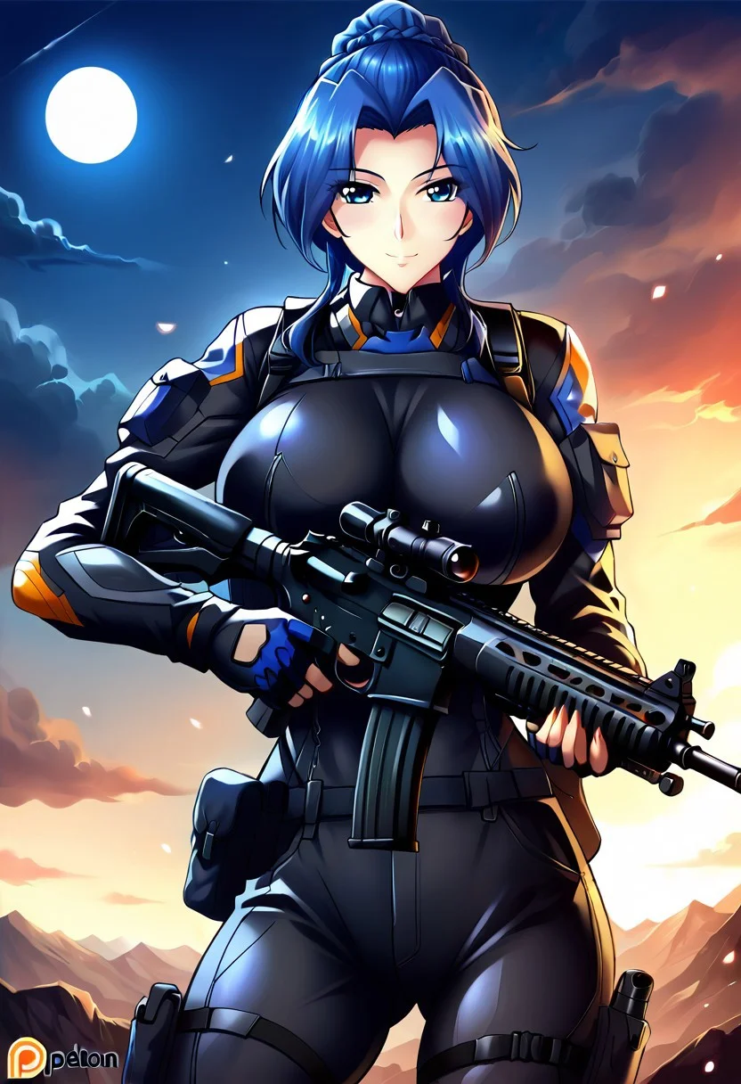 score_9, score_8_up, score_7_up, source_anime, BREAK,
easynegative, FastNegativeV2, EasyNegativeV2, haganef style,
large breasts, 1girl, solo, thicc big breasts, giant breast, sexy body , young, anime, smile, bigger breasts, mature, young
kyokodg,
long hair, blue hair, blue eyes, PONYTAIL,BRAID, black tactical uniform, black pants, black and white camouflage uniform, tactical vest, pounch bag ammo,
Black assault rifle, right hand holding a black assault Rifle, black assault Rifle, holding, box magazine of 50 caliber, handgrip on assault rifle, SHOTGUN, BLACK SHOTGUN