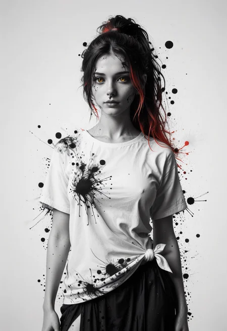 score_9, score_8_up, score_7_up, ultra details, high details, absurdres, masterpiece, best quality, 2k, 4k, very aesthetic, rating_safe, BREAK,
ink splats, ink splatter, rainbow_background, blue_background, green_background, purple_background, yellow_background, BREAK,
1girl sd332341, solo, (monochrome:1.2), gradient_amber_eyes, long_hair, high_ponytail, two-tone_hair, brown_hair, streaked_hair, red_hair, (nose_piercing), nose_ring, medium_breasts, oversized_shirt, shirt_buttons, black_sarong, eyesHD, high_gradient_eyes, extremely_detailed, BREAK,
<lora:Ink_Splats:1.2>, <lora:add-detail-xl:1>,