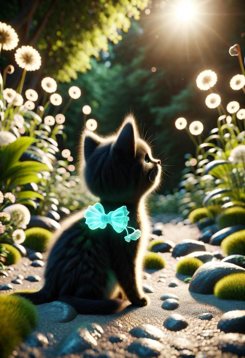 ral-fluff,<lora:ral-fluff:1>,
chibi,masterpiece,best quality,original,official art,black metallic cat,hat,flower,blurred background,rendering,beautiful detailed glow,(detailed ice),beautiful detailed water,sunny, blurred flower, happy