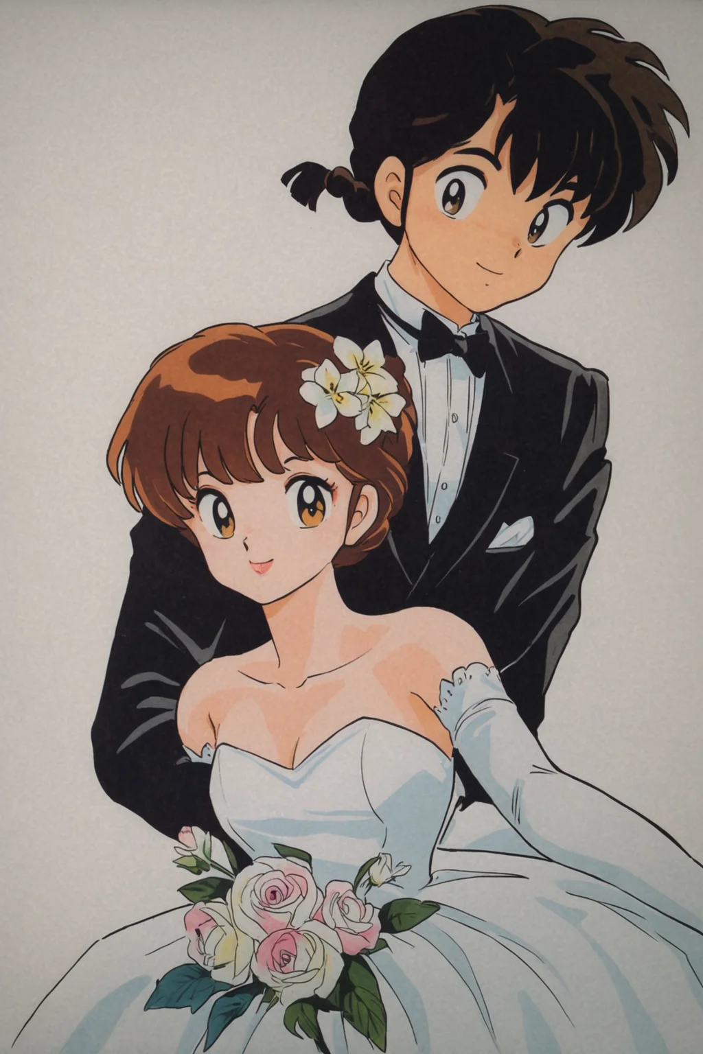 1girl, 1boy, dress, braid, flower, black hair, tuxedo, hetero, couple, bowtie, wedding dress, formal, retro artstyle, gloves, elbow gloves, bow, single braid, 1990s (style), short hair, brown hair, suit, white background, hug, looking at viewer, hair flower, white dress, smile, long hair, traditional bowtie,<lora:Takahashi Rumiko_XL:0.8>,