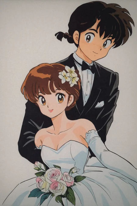 1girl, 1boy, dress, braid, flower, black hair, tuxedo, hetero, couple, bowtie, wedding dress, formal, retro artstyle, gloves, elbow gloves, bow, single braid, 1990s (style), short hair, brown hair, suit, white background, hug, looking at viewer, hair flower, white dress, smile, long hair, traditional bowtie,<lora:Takahashi Rumiko_XL:0.8>,