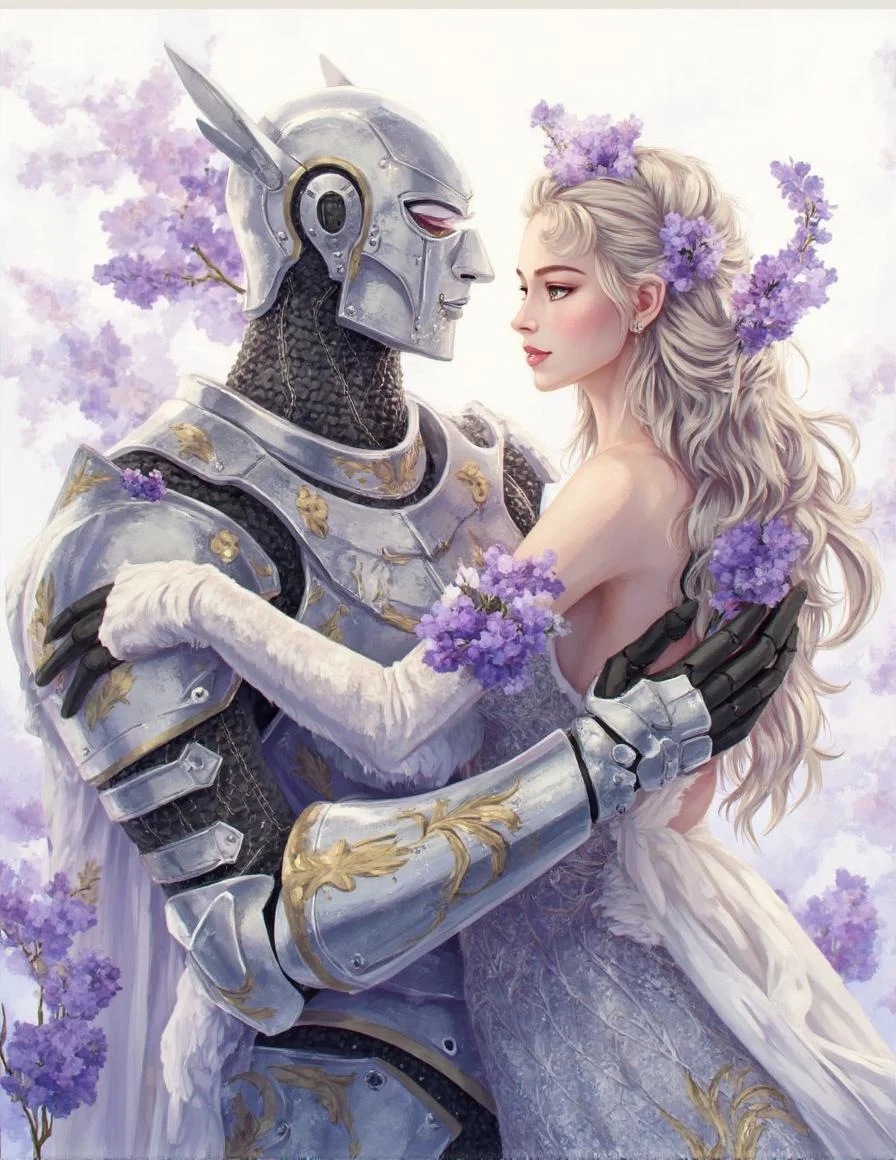 <lora:ck-LttleGhost-000011.safetensors:1> in the style of ck-lttlegh0stA futuristic knight in high-tech armor holds an ethereal woman with lavender hair, flowers, and a silver gown adorned with golden embroidery, set against a soft, watercolor-inspired backdrop. The juxtaposition of textures and lighting creates a captivating blend of contrasting elements, evoking timeless romance and fantasy.