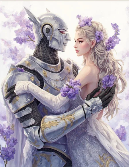 <lora:ck-LttleGhost-000011.safetensors:1> in the style of ck-lttlegh0stA futuristic knight in high-tech armor holds an ethereal woman with lavender hair, flowers, and a silver gown adorned with golden embroidery, set against a soft, watercolor-inspired backdrop. The juxtaposition of textures and lighting creates a captivating blend of contrasting elements, evoking timeless romance and fantasy.