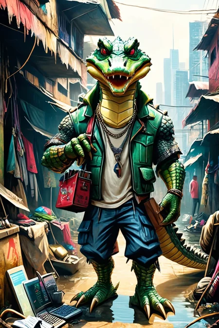 Detailed digital illustration of an anthro Alligator (Holding a prop confidently) at a Megacity slums with makeshift cyber clinics, <lora:xl_more_art-full_v1:0.5>,  <lora:anthro_muscular:0.7>,  <lora:MJ52:0.6>, <lora:madpunk:0.4> madpunk
