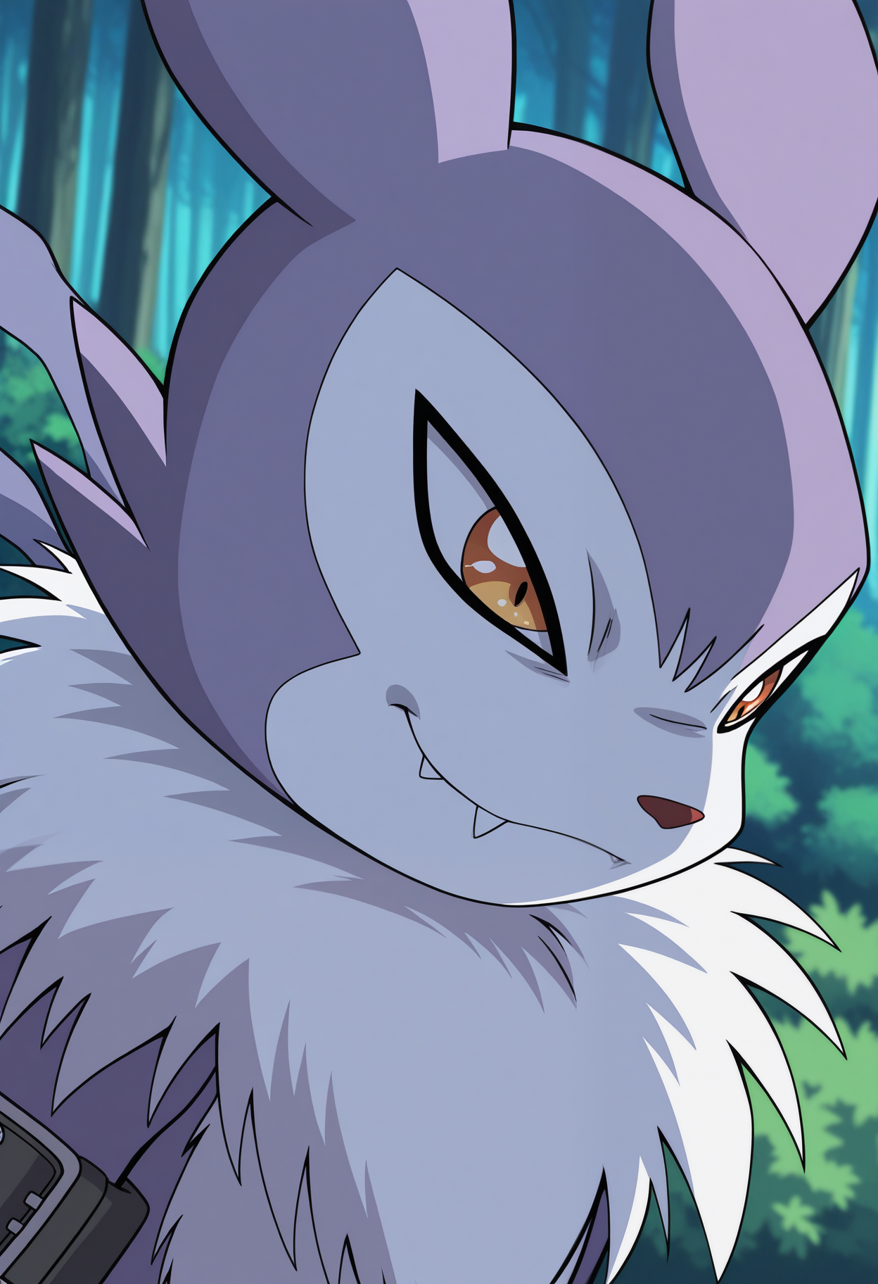 masterpiece,best quality,amazing quality, 1boy, solo, str4b1m0n, digimon (creature), close angle, side angle, smug, smirk, outdoors,
