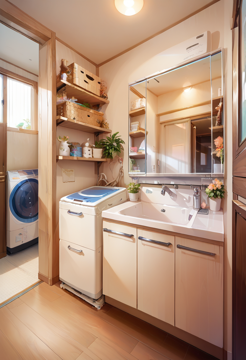 score_9, score_8_up, score_7_up, rating_safe, masterpiece, best quality, absurdres, unity 8k wallpaper, official art, official style, source_anime, uncensored, game cg, megami magazine,
JML2, sink, scenery, door, faucet, indoors, mirror, cabinet, laundry, washing machine
 <lora:JP_Senmenjyo_PONY_V2:1>