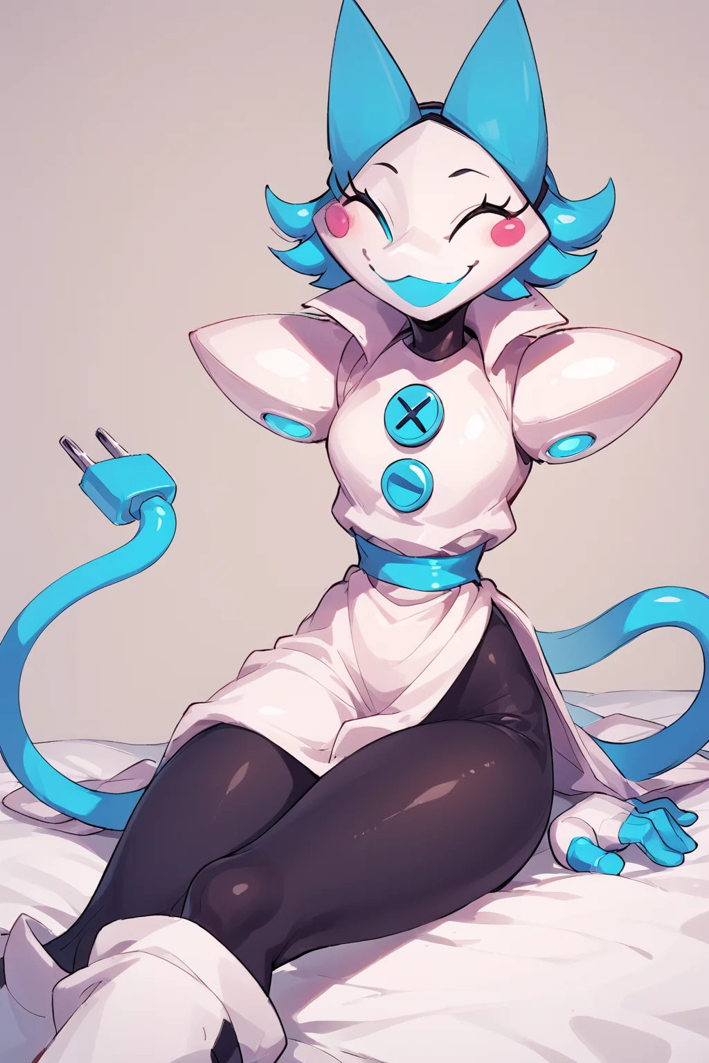 intricate details, score_9, score_8_up, score_7_up, score_6_up, score_5_up, source_anime, <lora:Tasque_manager_-Deltarune:1> tasque_dr, cat girl, robot, on bed, smile, tail, black legs, <lora:OtherStyle_03:1>
