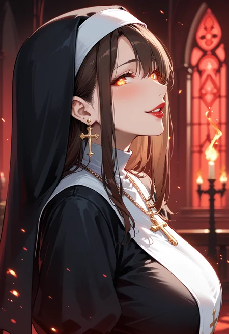 score_9, score_8_up, score_7_up, score_6_up, source_anime, absurdres, highres, sharp detailed, 4k, 8k, 16k, official art, sharp focus, character focus,
1girl, solo, mature female, long hair, looking at viewer, blush, smile, open mouth, brown hair, black hair, jewelry, earrings, parted lips, teeth, necklace, from side, collar, orange eyes, profile, glowing, chain, piercing, portrait, cross, fire, ear piercing, glowing eyes, red lips, nun, habit, cross earrings, embers, red theme, 
huge breasts, thin waist, large hips,
adult,
luxury vampire castle, indoors, night,
red theme, dark theme, erotic theme, rising particles, glowing particles, depth of field, 
 <lora:AuraGlow_Style_v1:1.0>