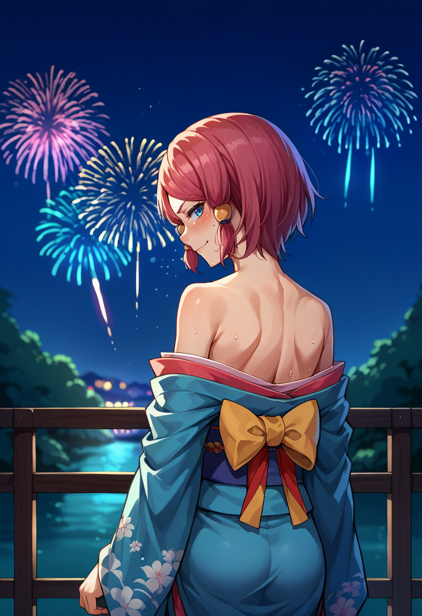 score_9, score_8_up, source_anime, 1girl, solo, RoseTales, blue eyes, pink hair, short hair, hair tubes, looking back, from behind, off-shoulder kimono, smirk, blush, bare shoulders, rimlight, night, japanese clothes, fireworks, depth of field, sweat, arms at sides, <lora:ChamRoseToZPonyXL:1>
