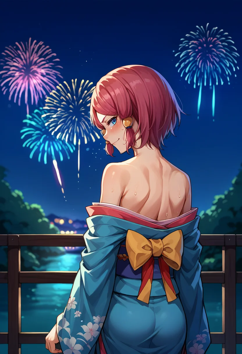 score_9, score_8_up, source_anime, 1girl, solo, RoseTales, blue eyes, pink hair, short hair, hair tubes, looking back, from behind, off-shoulder kimono, smirk, blush, bare shoulders, rimlight, night, japanese clothes, fireworks, depth of field, sweat, arms at sides, <lora:ChamRoseToZPonyXL:1>