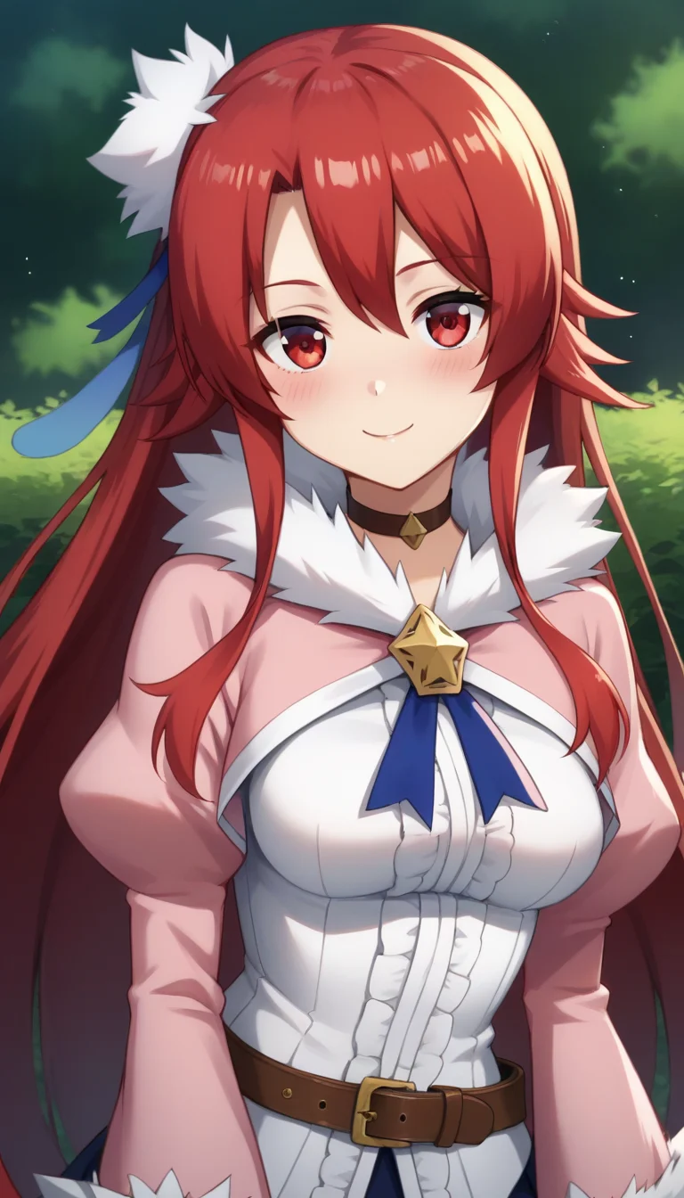 score_9,score_8_up,masterpiece,best quality,correct anatomy,anime_source,1girl,solo,perfect eyes,perfect arms,perfect legs,perfect face,outdoors,upper body,(portrait:1.5),looking at viewer,facing viewer,smile,blush,Earnest Flaming,very long hair,red hair,hair ornament,sidelocks,hair between eyes,parted bangs,red eyes,school uniform,fur trim,pink capelet,long sleeves capelet,choker,blue ribbon,white shirt,center frills,juliet sleeves,puffy sleeves,fur-trimmed cuffs,medium breasts,skindentation,brown belt,miniskirt,pink skirt,pleated skirt,thighs,black pantyhose,fur-trimmed boots,pink footwear,<lora:Earnest Flaming(ek)-Pony:1.4>,