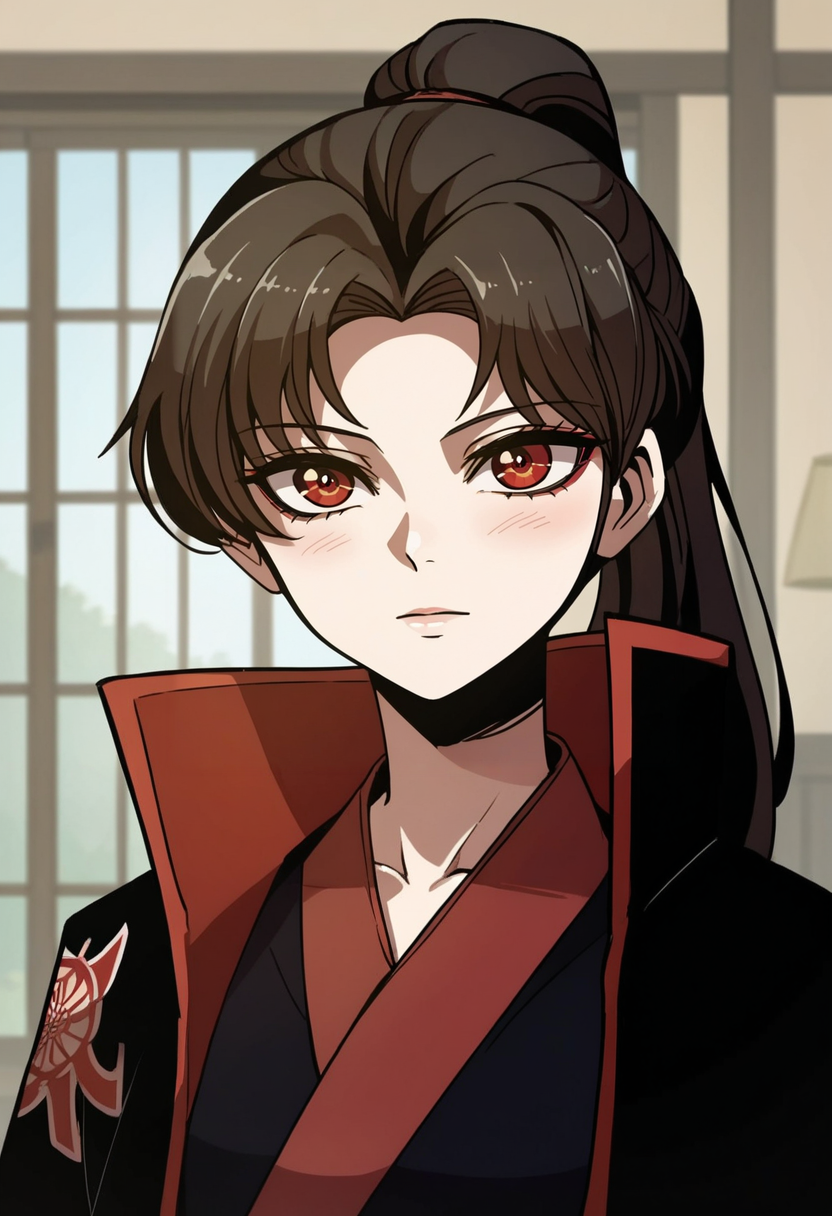 score_9, score_8_up, score_7_up, source_anime,anime screencap, anime coloring,intricate details,rating_safe, masterpiece, best quality,
(best quality, absurd res, ultra detailed),1girl, ((solo)), good eyes,perfect eyes,,detailed eyes, zPDXLxxx , zPDXL3,detailed, detailed face, <lora:add-detail-xl:3>,
BREAK
<lora:Wiji_Ho-Yeon:0.8>, hoyeon, 1girl, red eyes, ponytail, Japanese clothes, , black robe,
BREAK
solo,, , looking at viewer, upper body