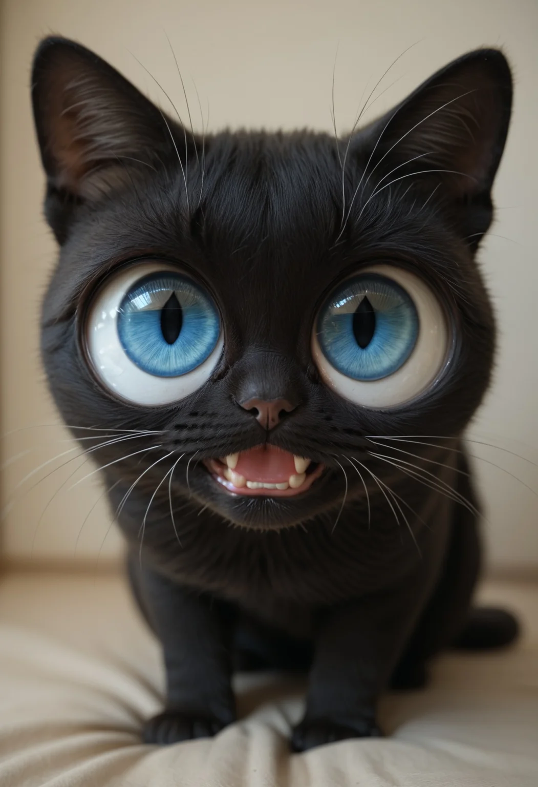 big eyes,
score_9,score_7_up,
leaning forward, smiling, grin,
cat, feral, open mouth, leaning forward, looking at viewer, black fur, blue eyes, slit pupils,
realistic, photorealism, realism, photo, full body, sitting,
score_8_up,score_6_up,score_5_up, source_anime, <lora:big_eyes_v1:2>
