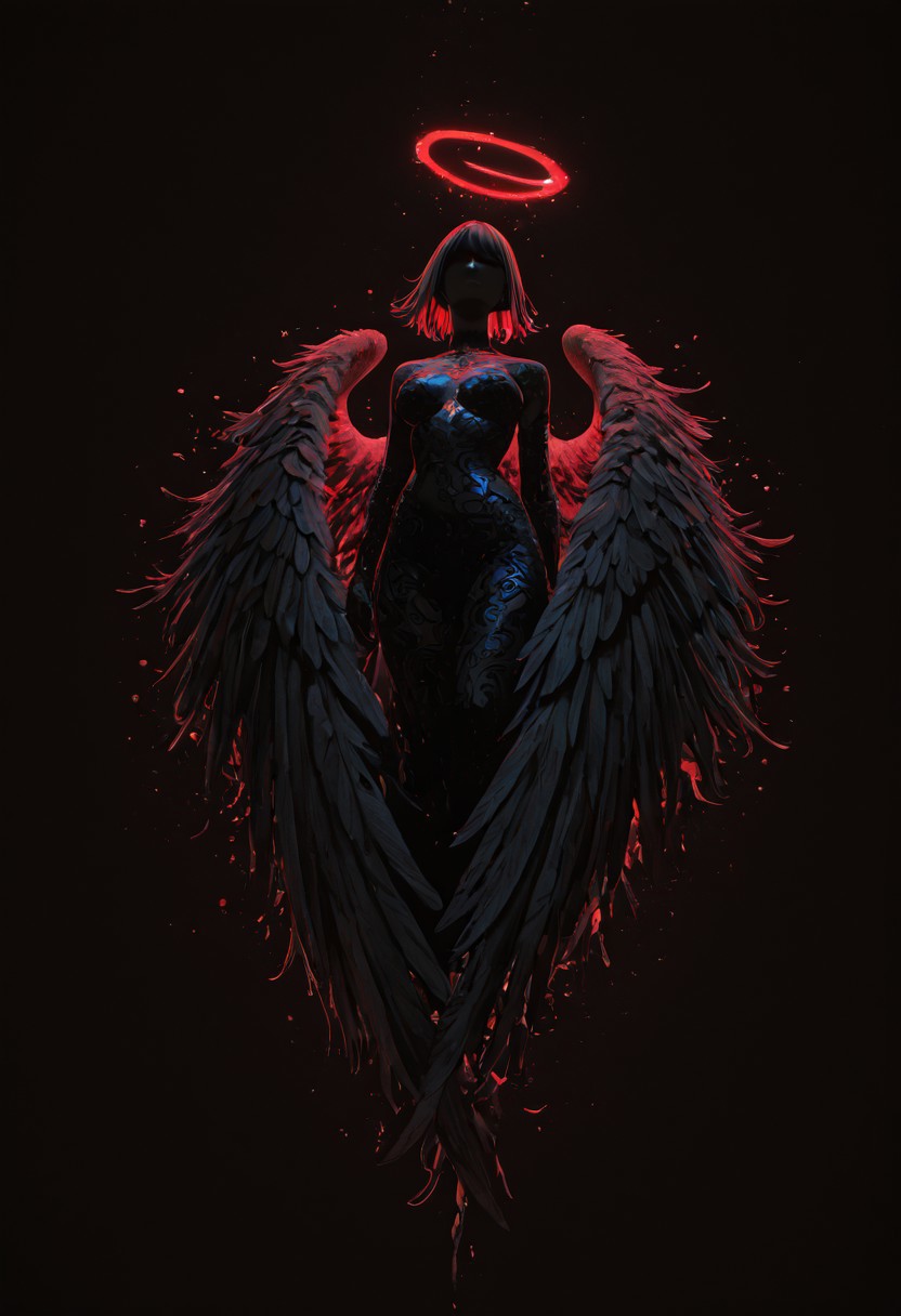 1girl, angel, big wings spread, protecting from dark monsters, (dark space :0.4), (flat lighting, flat color, flat design, no lineart:1), art deco, film grain, spot color, recursion, fractals, neon, pearlescent, masterpiece, best quality, amazing quality, very aesthetic, absurdres, newest, RBL-Illu