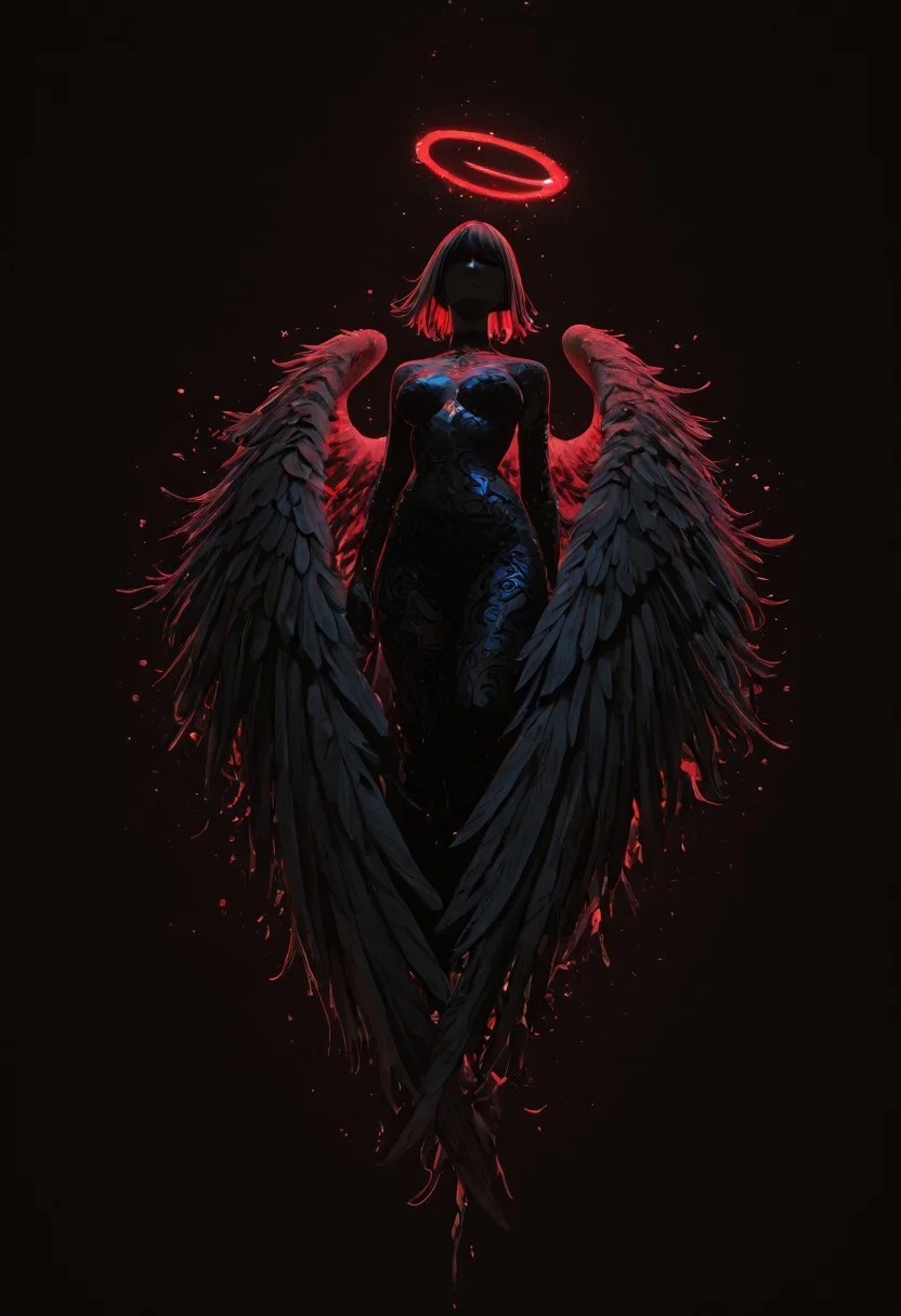 1girl, angel, big wings spread, protecting from dark monsters, (dark space :0.4), (flat lighting, flat color, flat design, no lineart:1), art deco, film grain, spot color, recursion, fractals, neon, pearlescent, masterpiece, best quality, amazing quality, very aesthetic, absurdres, newest, RBL-Illu