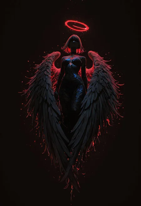 1girl, angel, big wings spread, protecting from dark monsters, (dark space :0.4), (flat lighting, flat color, flat design, no lineart:1), art deco, film grain, spot color, recursion, fractals, neon, pearlescent, masterpiece, best quality, amazing quality, very aesthetic, absurdres, newest, RBL-Illu
