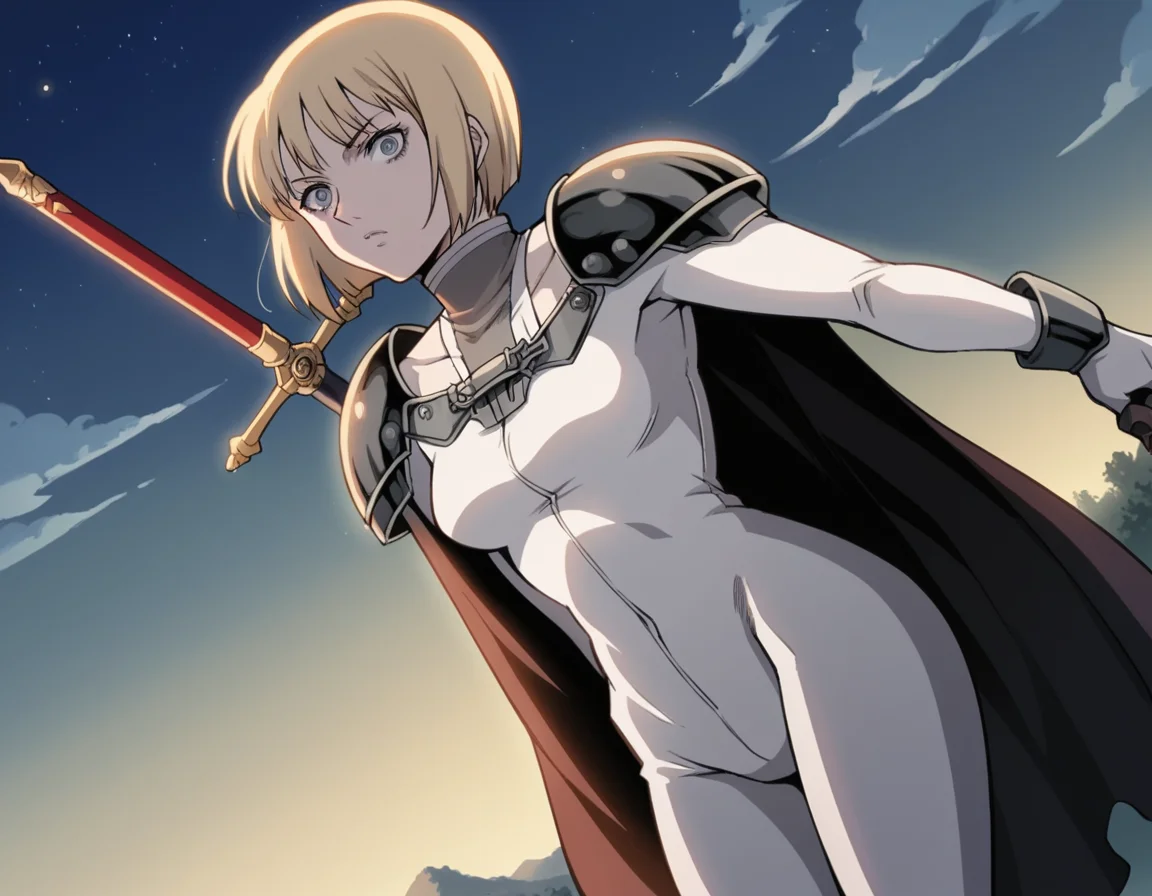 score_9, score_8_up, score_7_up, source_anime,
claymoreclaire, <lora:claymore-claire-s1-ponyxl-lora-nochekaiser:1>,
claire, short hair, blonde hair, grey eyes, bob cut, pale skin, white skin, ringed eyes,
weapon, sword, cape, armor, bodysuit, shoulder armor, pauldrons, shoulder pads,
outdoors, night, landscape, bent over,
solo, looking at viewer, cowboy shot, dutch angle,