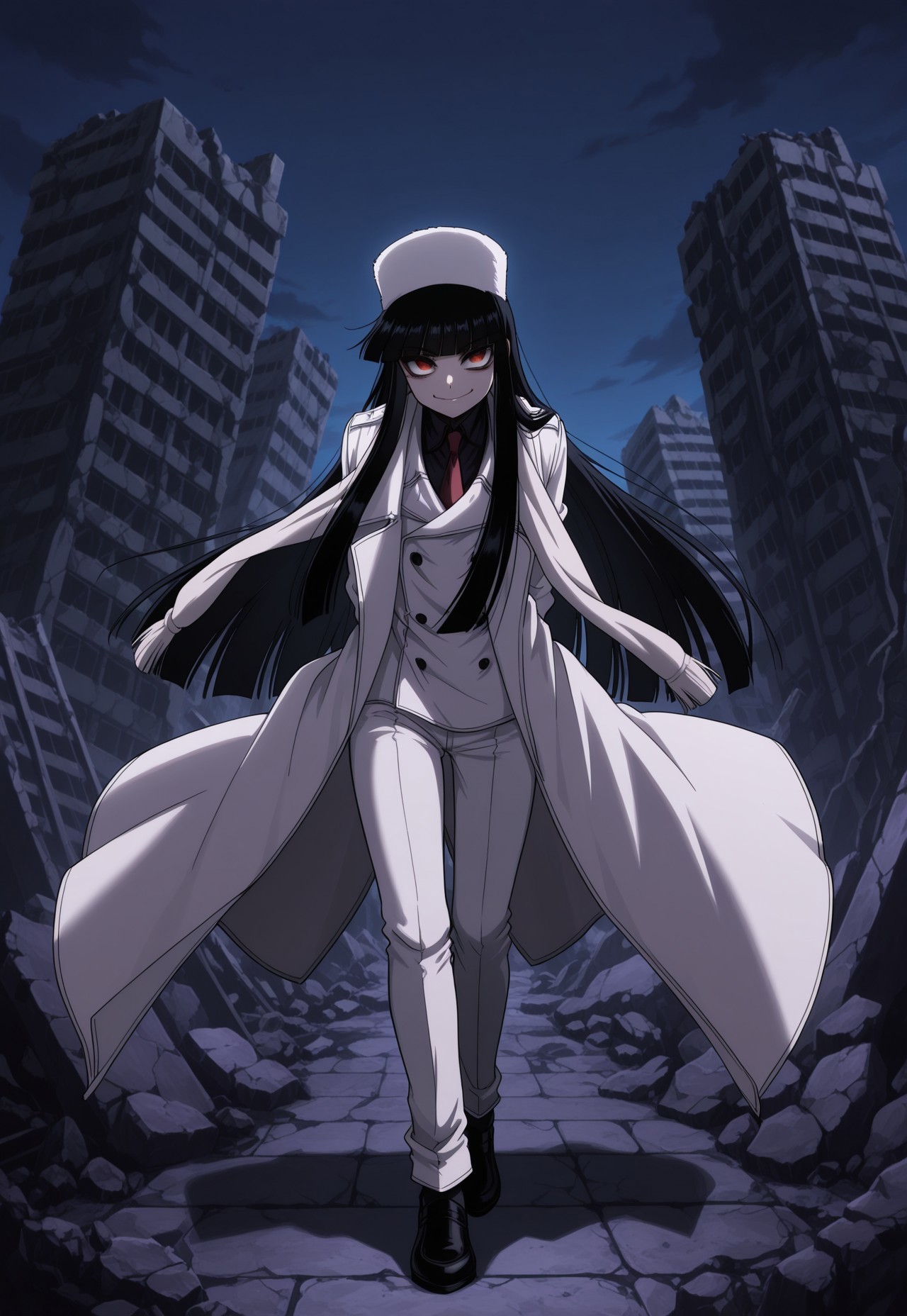 safe_pos, score_9, score_8_up, score_7_up, masterpiece, best quality, Girlycard, solo, 1girl, female focus, black hair, long hair, hime cut, blunt bangs, red eyes, fur hat, white jacket, black shirt, red necktie, white coat, white scarf, white gloves, white pants, black shoes, crazy eyes, smirk, ruins, night, dynamic pose, perspective 