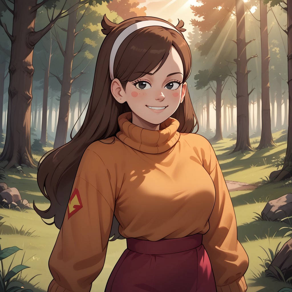 score_9, score_8, BREAK, mabel pines,1girl,solo,hairband,black eyes,long hair,brown hair,blush stickers,sweater,turtleneck,long sleeves,skirt,smile,adult female,mature female,breasts, sexy pose, self portrait, smile, outdoors, sunlight, shadows, evening lighting, natural lighting, forest, trees, grass, orange sky, sunset