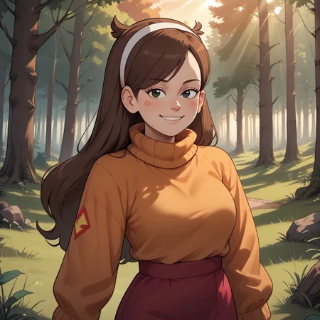 score_9, score_8, BREAK, mabel pines,1girl,solo,hairband,black eyes,long hair,brown hair,blush stickers,sweater,turtleneck,long sleeves,skirt,smile,adult female,mature female,breasts, sexy pose, self portrait, smile, outdoors, sunlight, shadows, evening lighting, natural lighting, forest, trees, grass, orange sky, sunset