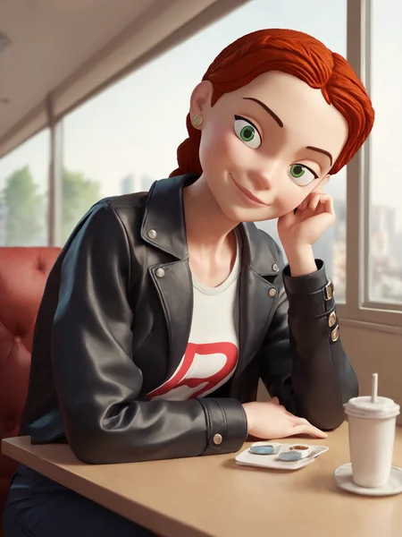 score_9, score_8_up, score_7_up, score_6_up, BREAK, ToyJessie, 1girl, solo, green eyes, red hair, braid, bow, looking at viewer, closed mouth, smile, black t-shirt, black jeans, black coat, leather coat, long coat, in the restaurant, indoor, table, sitting <lora:Jessie-000009:0.8>