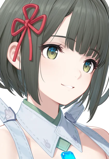 masterpiece, best quality, good quality, 1girl, solo, miyabi \(xenoblade\), green eyes, hair ribbon, portrait, detached collar, chest jewel<lora:miyabi illustrious 039:1>