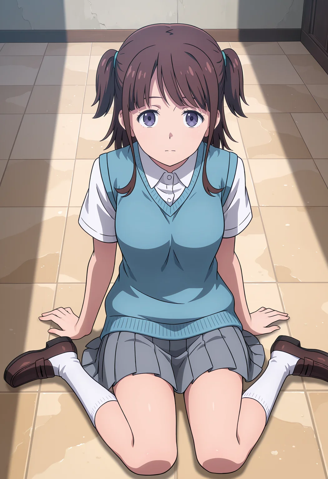 <lora:Kumiko-000060:1>,
Kumiko,solo,pleated skirt,looking at viewer,grey skirt,short sleeves,white shirt,two side up,blue sweater vest,white socks,loafers,wariza,arm at side