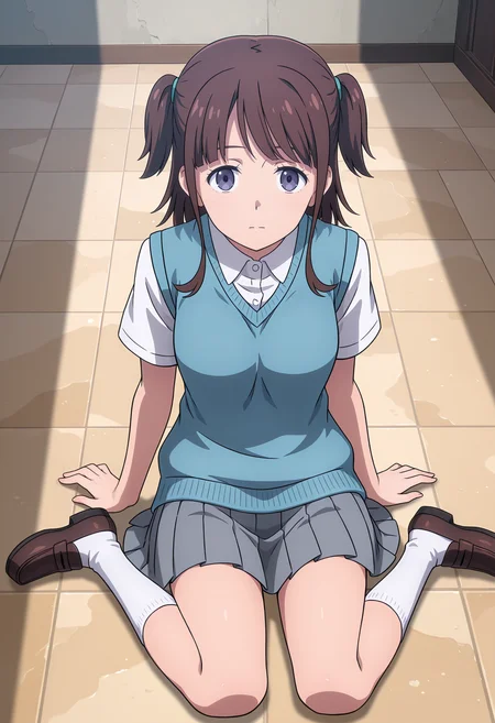 <lora:Kumiko-000060:1>,
Kumiko,solo,pleated skirt,looking at viewer,grey skirt,short sleeves,white shirt,two side up,blue sweater vest,white socks,loafers,wariza,arm at side