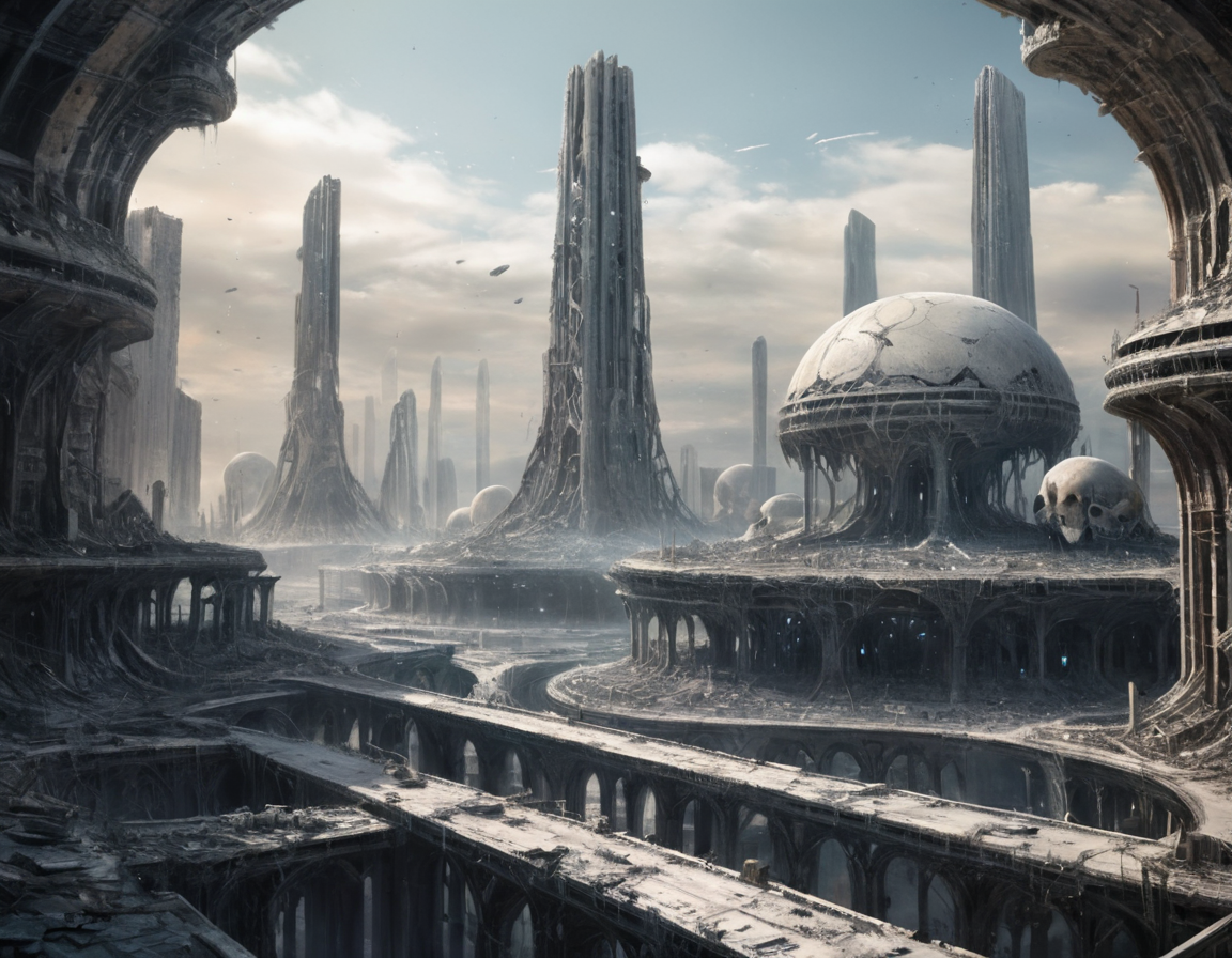 The shattered remains of this vast cityscape now resemble a colossal graveyard, where skeletal structures stand as silent sentinels over what was once a thriving metropolis in some far-flung corner of the cosmos, b3ks1n