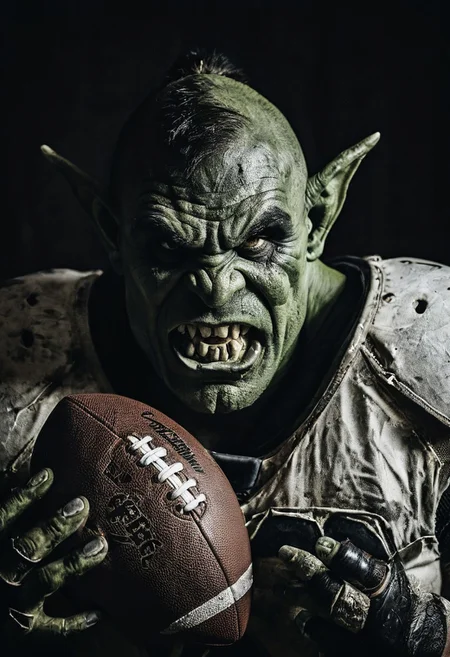 high-contrast palette, timeless feeling, cinematic quality, modern art photograph, evocative portrait of an (orc:1.2) football player, orc teeth