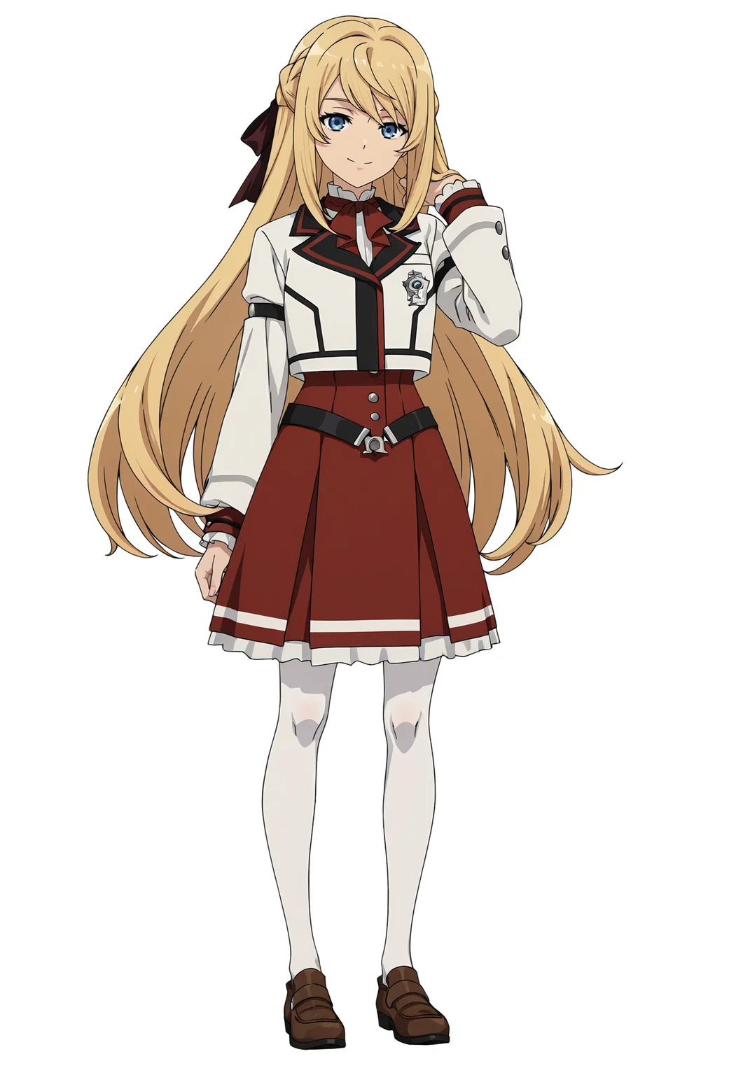 <lora:Ariel Anemoi Asura_illustrious-000048:1>,
Ariel Anemoi Asura,solo,full body,pantyhose,skirt,looking at viewer,white pantyhose,ribbon,school uniform,smile,hair ribbon,red skirt,simple background,white background,standing,shoes,long sleeves,very long hair,tachi-e,brown footwear,hand in own hair,anime screencap