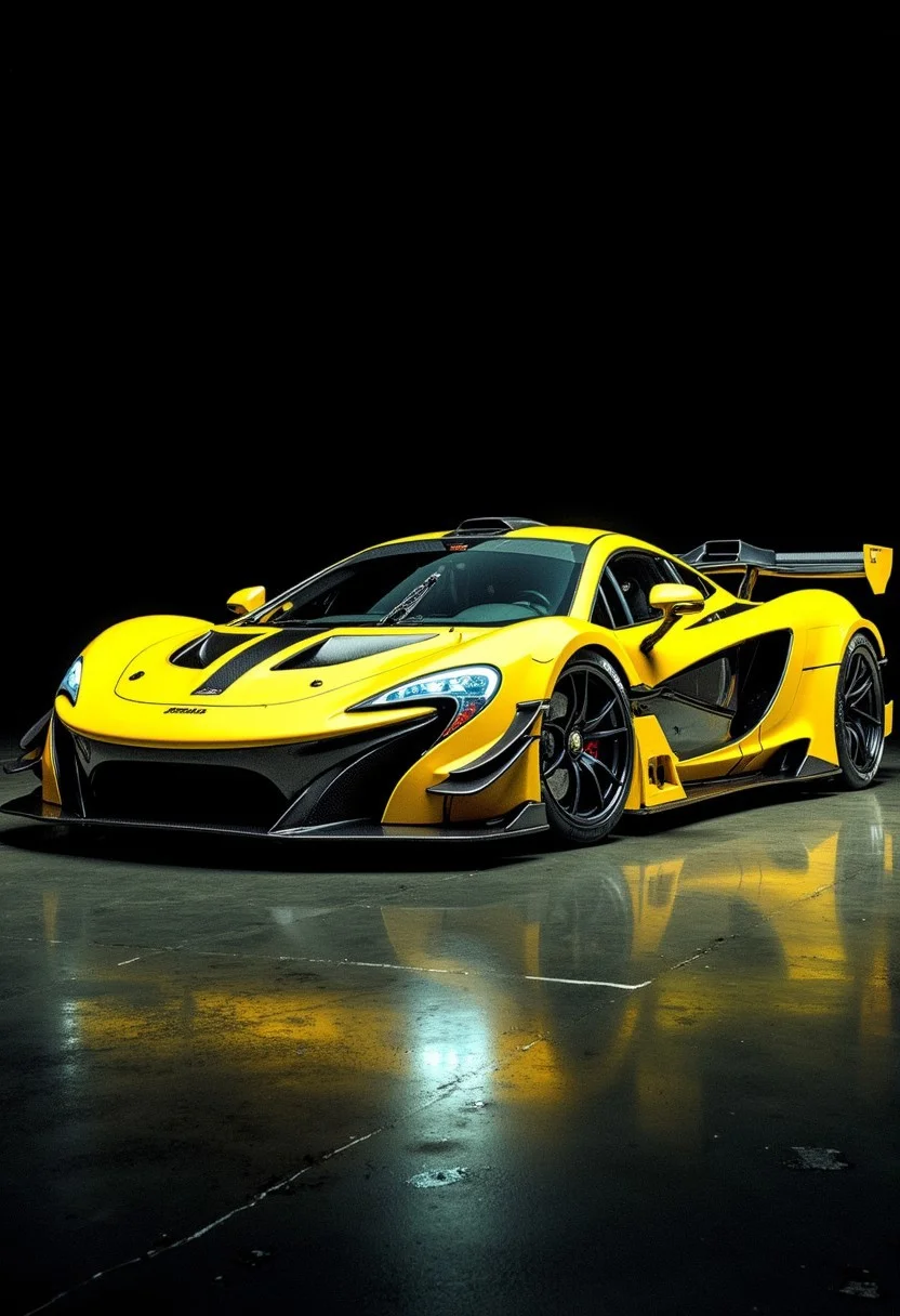 a neon yellow McLaren F1 GTR, professional photography, dark background, directional lighting, nvinkpunk
