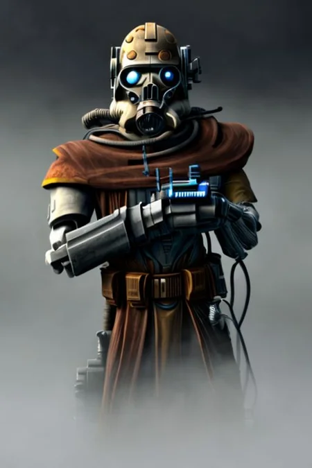 ((masterpiece,best quality)), absurdres, BREAK
mechanical arms, robes, hood, BREAK
((techpriest)), cyborg, mechanical face, mechanical limbs, gas mask, mechanical tentacles, (mechanical backpack), BREAK
1other, solo, holding pistol, firearm, handgun, pistol, gun, BREAK
factory background, smoggy sky, air pollution, smokestacks, BREAK
(clone wars style)