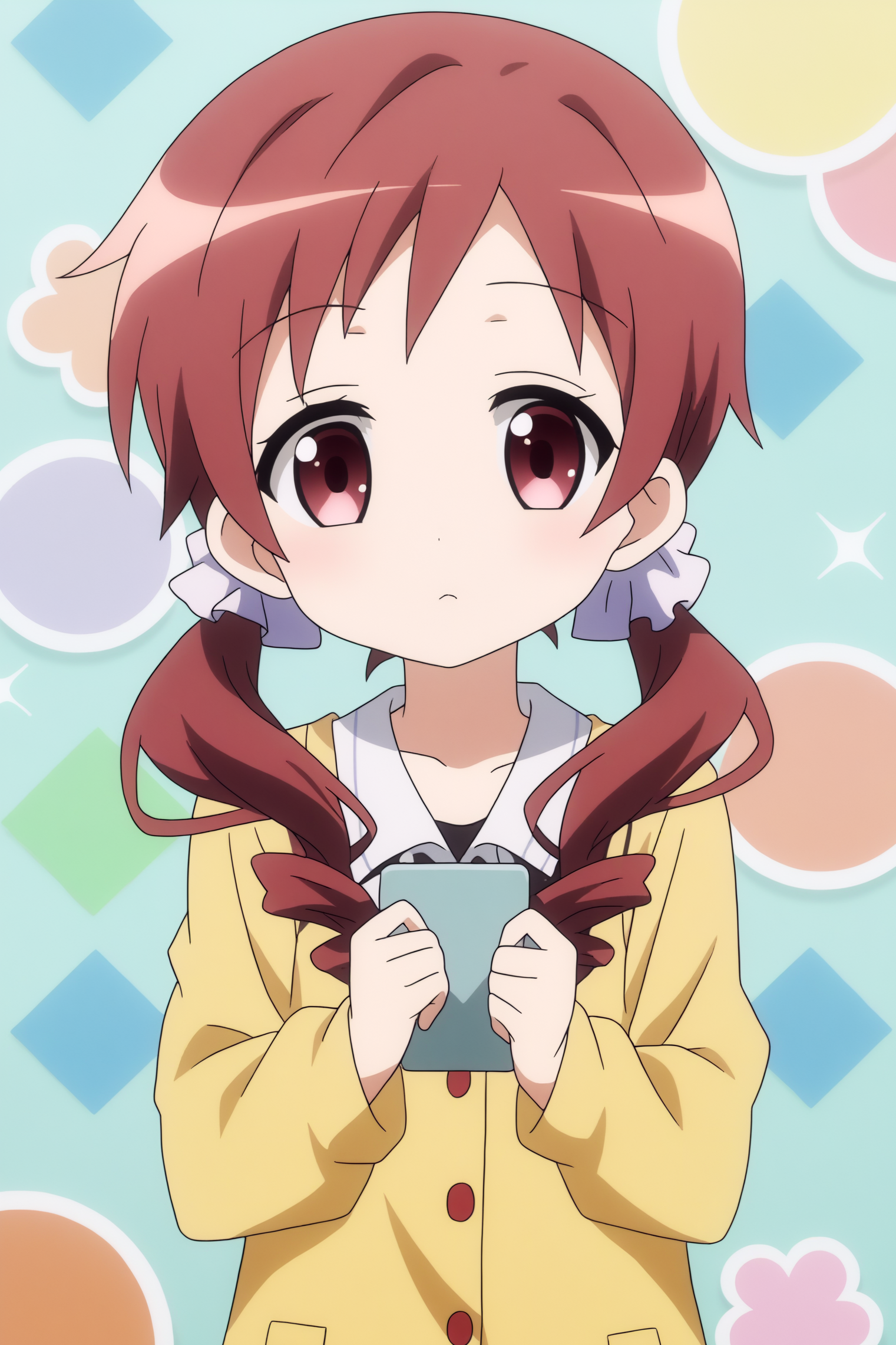 solo, anime coloring, Megumi Natsu, twintails, hair scrunchie <lora:Gochuumon-Megumi_Natsu-PDXL:0.8>