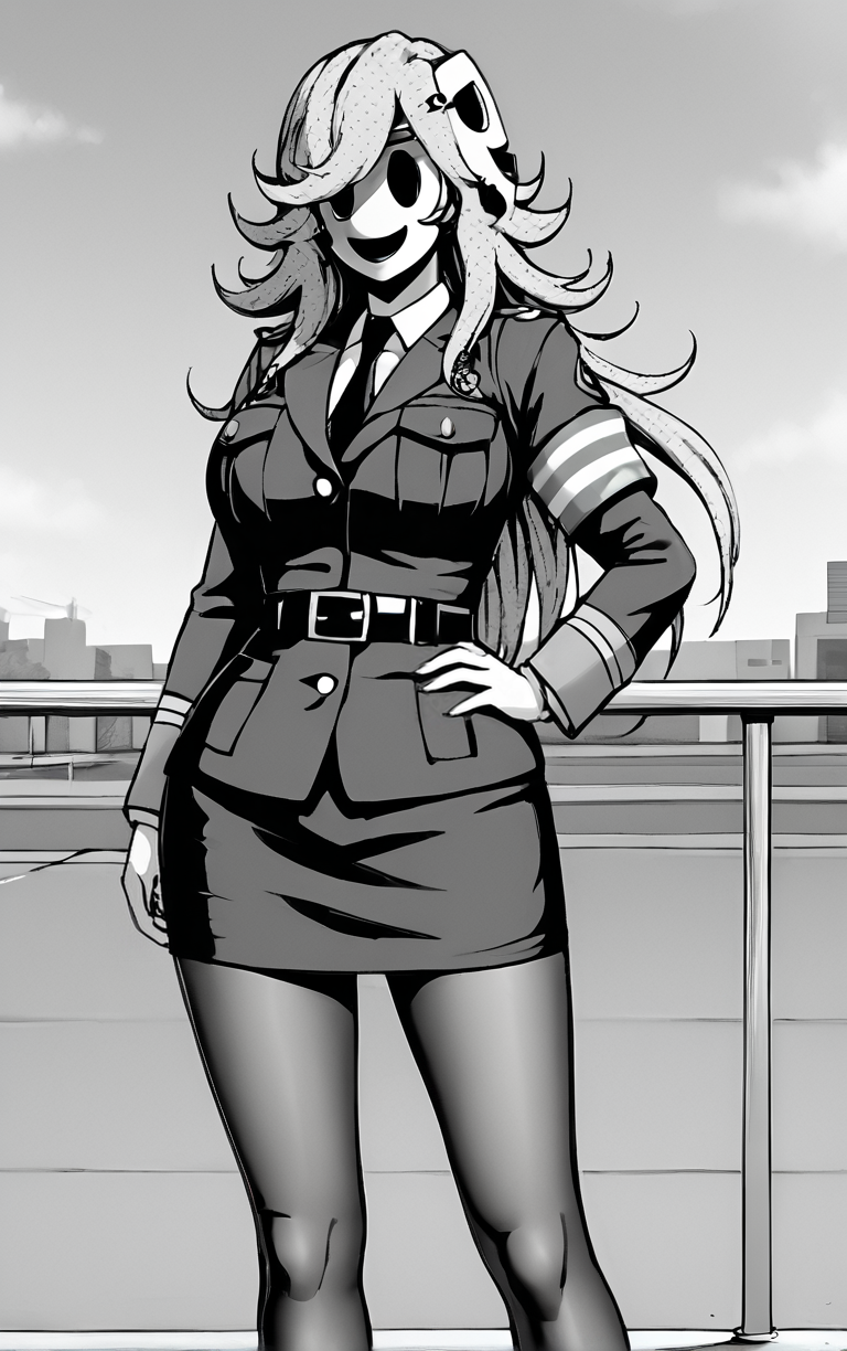 score_9, score_8_up, score_7_up, masterpiece, best quality, absurdres,  solo, BREAK
MangaBW_YayoiKusakabe_ownwaifu,  (greyscale,  monochrome), 
1girl, masked, no eyes, solid oval eyes, spiked hair, long hair, white mask, lipstick,  large breasts, mask, bangs, hair ornament, flipped hair, big hair, messy hair, 
jacket, breast pocket, police uniform, policewoman, collared shirt, necktie, belt, armband, pantyhose, pencil skirt, black belt, long sleeves, formal, miniskirt, pocket, black pantyhose, skirt suit, 
(contrapposto, hand on hip), sunset, sidelighting, outdoors, <lora:PONYXL_HighRiseInvasion_YayoiKusakabe_ownwaifu:1> , depth of field