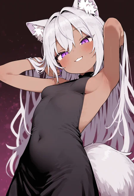 masterpiece,best quality,amazing quality,
1girl, breasts, solo, small breasts, long hair, purple eyes, dress, animal ears, smile, black dress, purple nails, sleeveless, sleeveless dress, dark skin, looking at viewer, bangs, dark-skinned female, hair between eyes, nail polish, armpits, covered navel, hands in hair, very long hair, bare shoulders, blush, sideboob, tail, animal ear fluff, arms up, bare arms, :3, grin, grey hair, parted lips,
 <lora:Lativi_V2_epoch_10:1>