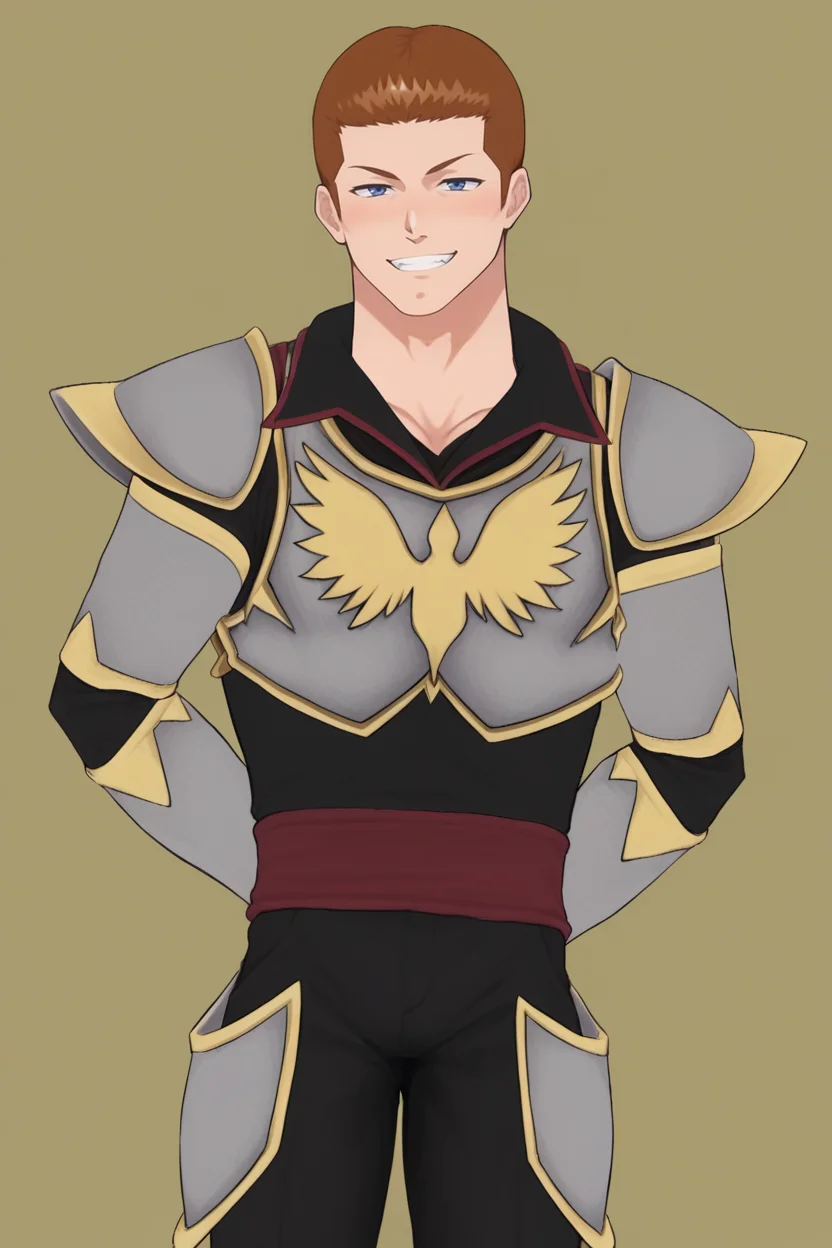 score_9, score_8_up, score_7_up, score_6_up, source_cartoon, source_anime BREAK <lora:Cardin_Winchester_-_RWBY:1> Cardin Winchester, Short Hair, Brown Hair, Blue Eyes, Armor BREAK, 1boy, solo, male focus, cowboy shot, smile, highres, looking at viewer, simple background, <lora:enhancerV4-pony:0.8> detailed eyes,detailed face,raytracing,highly detailed,anime style,absurd,masterpiece