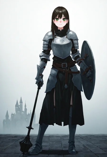 <lora:SDXL\Illustrious\ComfyUI_itercomp_00001_.safetensors:1.0:1.0>(no lineart:1.1),1girl, solo, bangs,Contrapposto, closed_mouth, green_eyes, standing, full_body, boots, belt, grey_background, holding_weapon, armor, shadow, shoulder_armor, gauntlets, pauldrons, breastplate, armored_dress, armored_boots, greaves, faulds, knight,mace, morningstar (/weapon)/,shield, BREAK fantasy setting, castle background. outside, sunshine, BREAK monmon2133,[potg \(piotegu\):konya karasue:15], [shiroma \(mamiko\):others \(gogo-o\):15], (misawa hiroshi:0.5), (otohime \(youngest princess\):1.2), masterpiece, absurdres, aesthetic, best quality, (high contrast, soft lighting:1.2), [:dark lighting:10], grunge art, (film grain:1.2), negative space, (vignetting, 3d:1.2), very awa