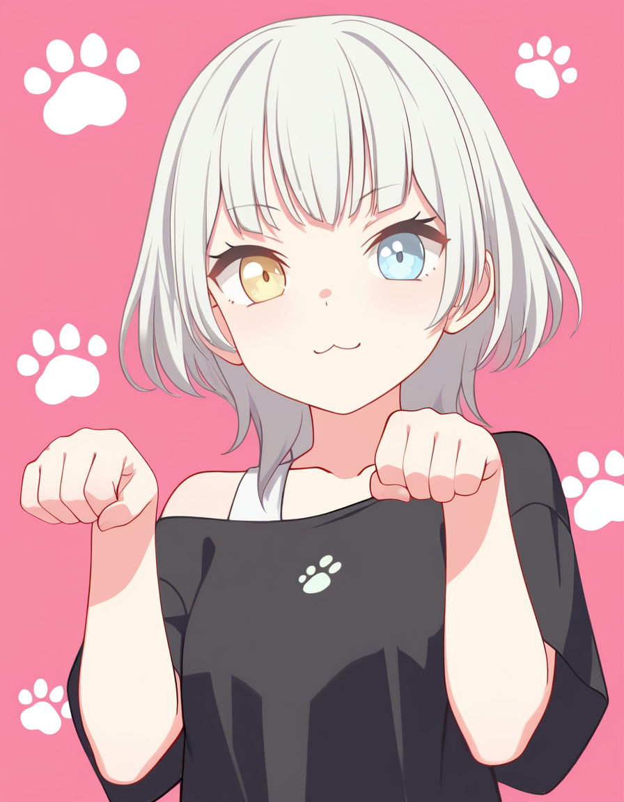 kaname raana, white hair, heterochromia, 1girl, solo, looking at viewer, <lora:kaname_raana_IlluXL:1>, pink background, black shirt, paw print, paw pose, :3,, best quality, masterpiece,highres,[[[[[[[jyt,tianliang duohe fangdongye,atdan]]]]]]]