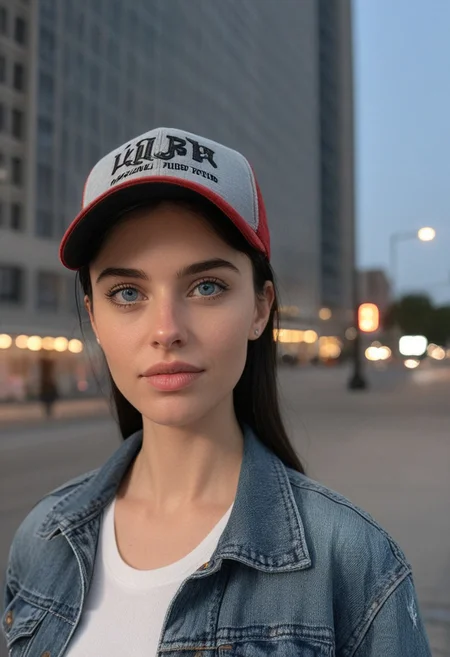 30yo woman posing for pic in front of tall building.
Blue eyes. small perfecteyes
Wearing ripped Denim jacket red trucker hat
no makeup. Clear skin. realistic skin style
Long dark black slick back hair. No makeup. Dusk, Street light. Looking at camera POV. Slight smile, tilting head.. Tilt head.
Medium Close Up shot. Bokeh. Bokeh light.