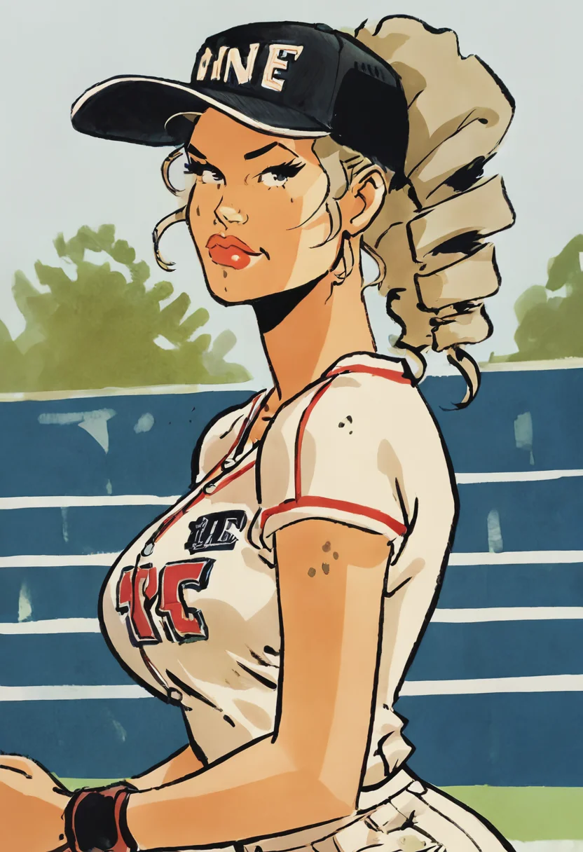 score_9, score_8_up, score_7_up, 1girl, mature_female, large_breasts, portrait, solo, Standing with one arm extended, panorama, (Pear Baseball Jersey), tri drills, crop, Dirty Blonde hair, cropped_shoulders, rating_safe, <lora:pony\artist_styles\felix_meynet_pony:1.0>
