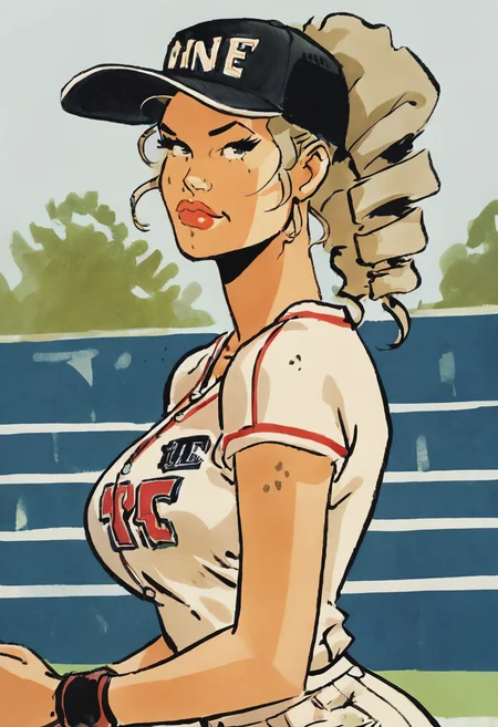 score_9, score_8_up, score_7_up, 1girl, mature_female, large_breasts, portrait, solo, Standing with one arm extended, panorama, (Pear Baseball Jersey), tri drills, crop, Dirty Blonde hair, cropped_shoulders, rating_safe, <lora:pony\artist_styles\felix_meynet_pony:1.0>