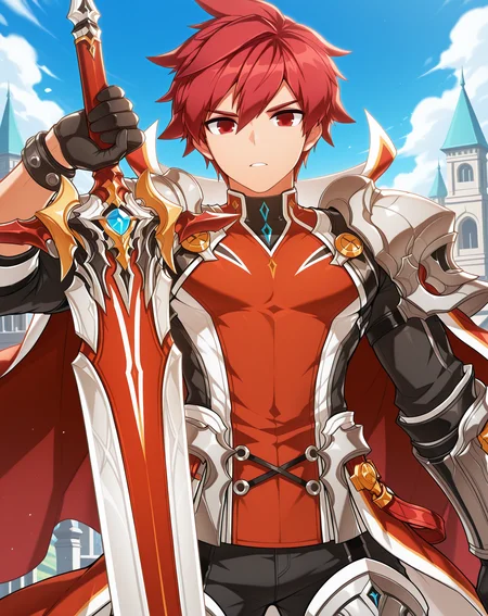 masterpiece, amazing quality, best quality, absurdres, very aesthetic,
1boy, solo, yaoi, male focus, cowboy shot, upper body, looking at viewer, face focus,
<lora:Elsword_Knight_Emperor_ilxl:1> elswordke, red hair, red eyes,
shoulder armor, red cape, black gloves, surcoat, pauldrons, pants, greaves, armored boots, knee boots,
holding weapon, holding sword,
outdoors, day, blue sky,